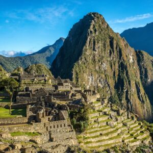 An aerial shot of the beautiful village by the mountain captured in Machu Picchu, Peru