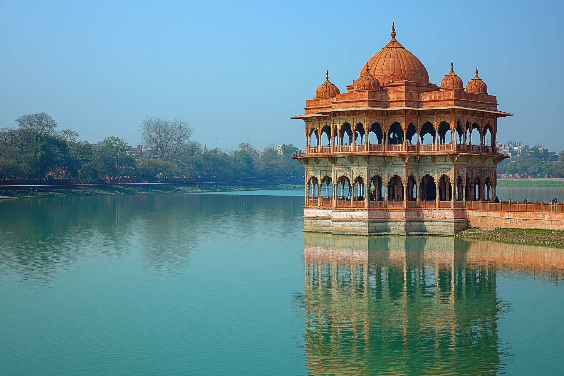 A photograph of the very tall water pavilion on top, with red stone architecture, against a clear blue sky in the background, and a view of the Yamuna River at the bottom, in a straight shot --ar 3:2 --stylize 250 --v 6.1 Job ID: 946f37e3-beb2-4ceb-9e7d-54ecb97cd8ca