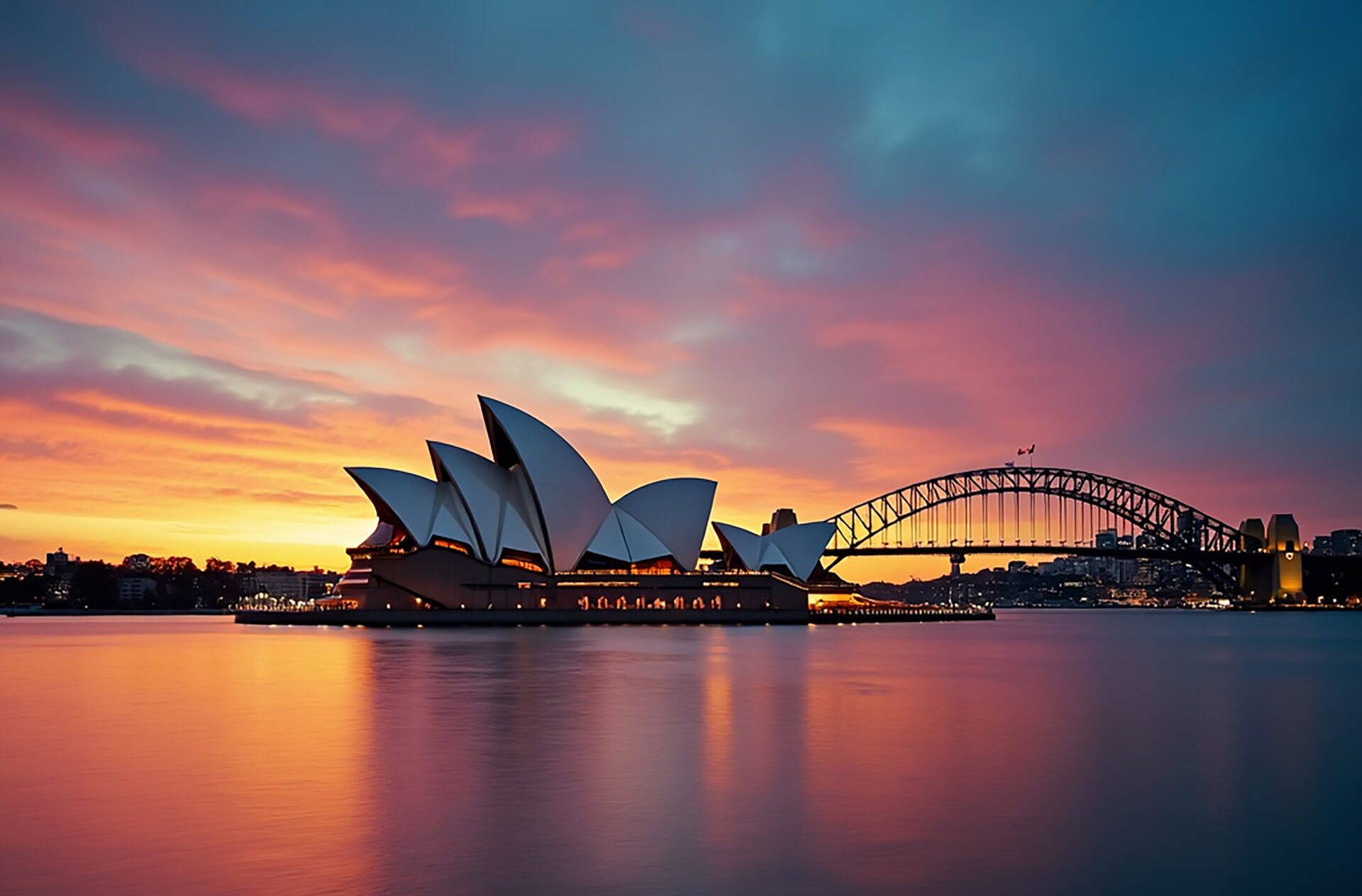 Sydney opera House at Sunset landmarks panorama evening photo artificial reflection