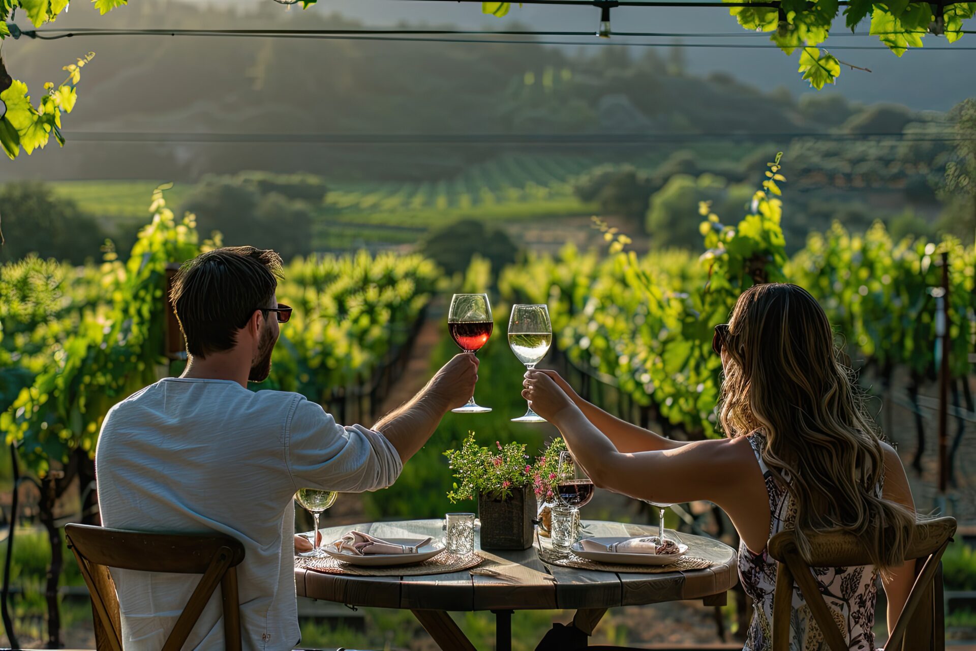 Young people sitting at bar table toasting wine glasses in vineyards garden , high detail, 8k --ar 3:2 Job ID: 65fdbe02-51be-4fa3-9d2f-3a81743eb06e